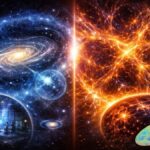 Abstract cosmic illustration contrasting particle dark matter halos with void-driven viscous cosmic structure in Lava-Void Cosmology.