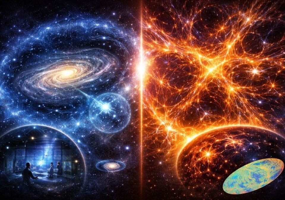 Abstract cosmic illustration contrasting particle dark matter halos with void-driven viscous cosmic structure in Lava-Void Cosmology.