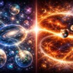 Abstract cosmic illustration contrasting multiple bubble universes with a single cyclic void-driven universe in Lava-Void Cosmology.