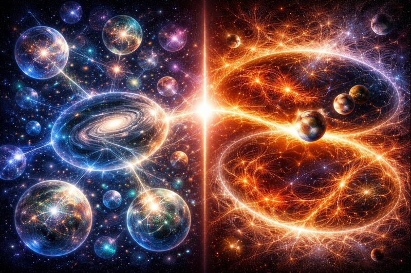 Abstract cosmic illustration contrasting multiple bubble universes with a single cyclic void-driven universe in Lava-Void Cosmology.