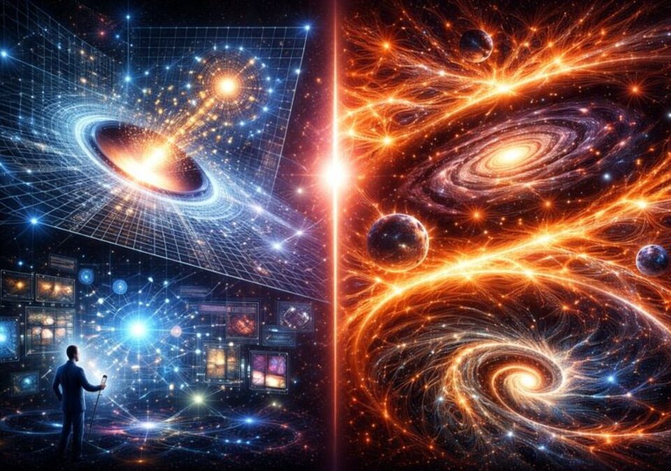 Abstract cosmic illustration contrasting entropic gravity’s holographic grids with Lava-Void Cosmology’s viscous cosmic fluid.