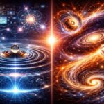 Split cosmic illustration contrasting pilot-wave droplet hydrodynamics with Lava-Void Cosmology’s swirling cosmic vortices.