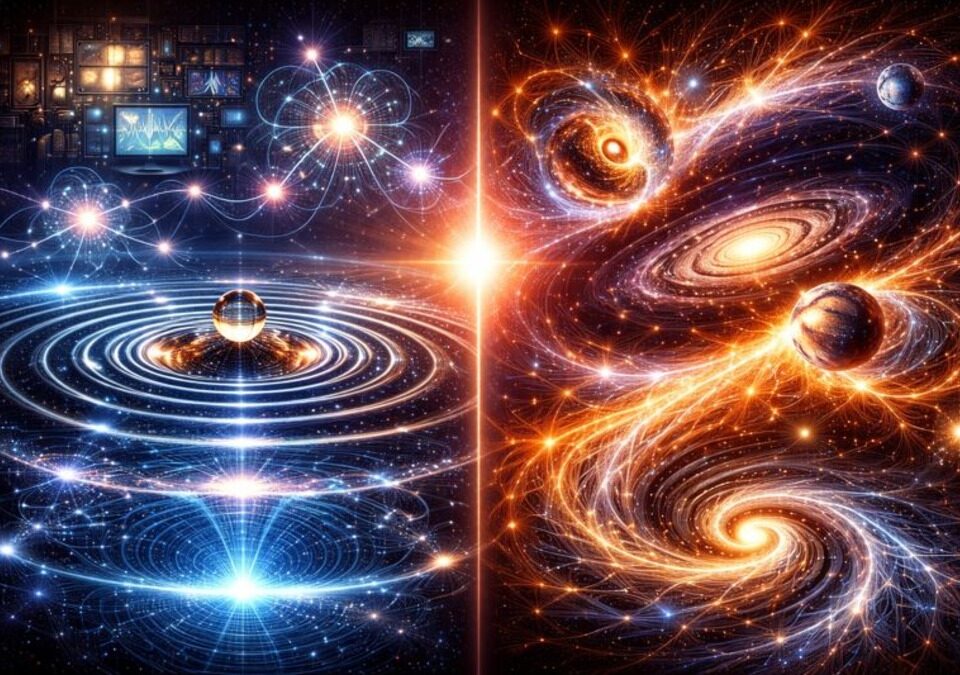 Split cosmic illustration contrasting pilot-wave droplet hydrodynamics with Lava-Void Cosmology’s swirling cosmic vortices.