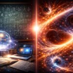 Split cosmic artwork showing chaotic quantum vacuum energy on the left and calm void-driven fluid universe on the right.