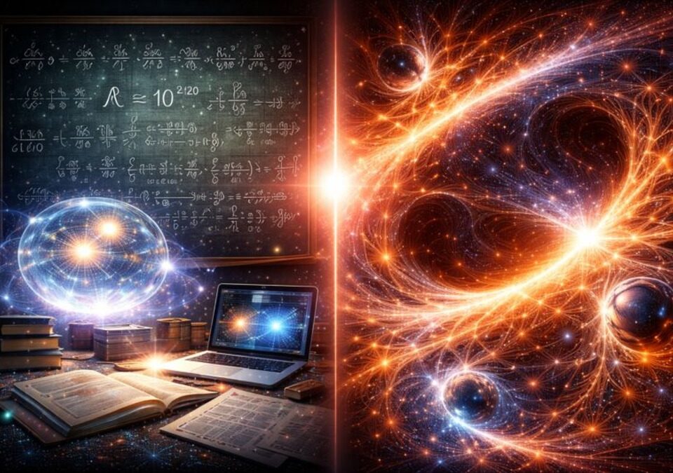 Split cosmic artwork showing chaotic quantum vacuum energy on the left and calm void-driven fluid universe on the right.
