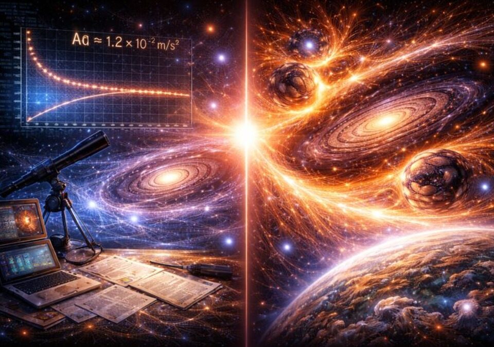 Split cosmic artwork comparing MOND’s flat rotation curves with Lava-Void Cosmology’s viscous void-driven galaxy dynamics.