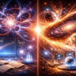 Split cosmic illustration contrasting string theory’s extra-dimensional strings with Lava-Void Cosmology’s vortex fluid universe.