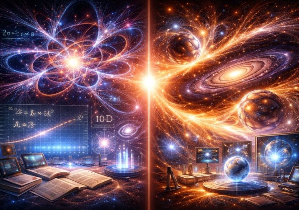 Split cosmic illustration contrasting string theory’s extra-dimensional strings with Lava-Void Cosmology’s vortex fluid universe.