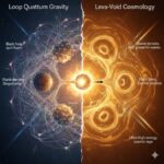 Comparison between Loop Quantum Gravity spin networks and Lava-Void Cosmology fluid dynamics depicting cosmic bounces and singularity resolution.