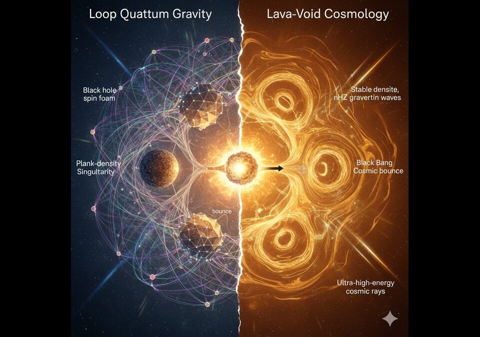 Comparison between Loop Quantum Gravity spin networks and Lava-Void Cosmology fluid dynamics depicting cosmic bounces and singularity resolution.