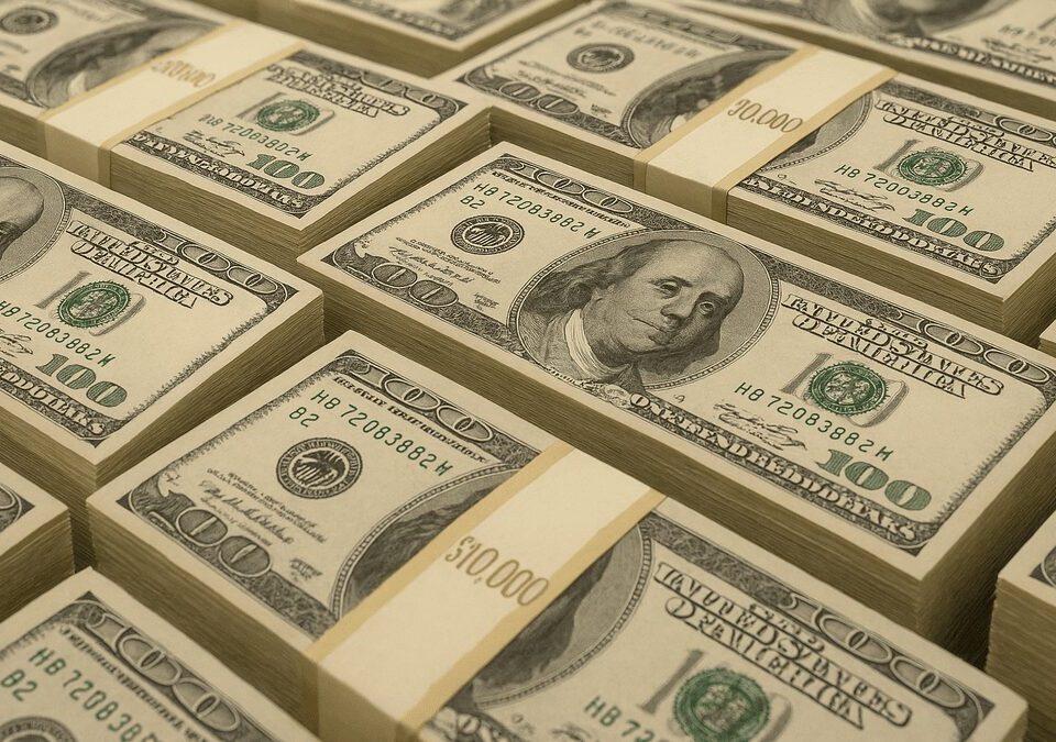 Neatly arranged stacks of $100 bills bound in $10,000 bands, symbolizing one million dollars