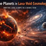 Illustration of a rogue planet as a dense lava world drifting through the low-density cosmic void in Lava-Void Cosmology