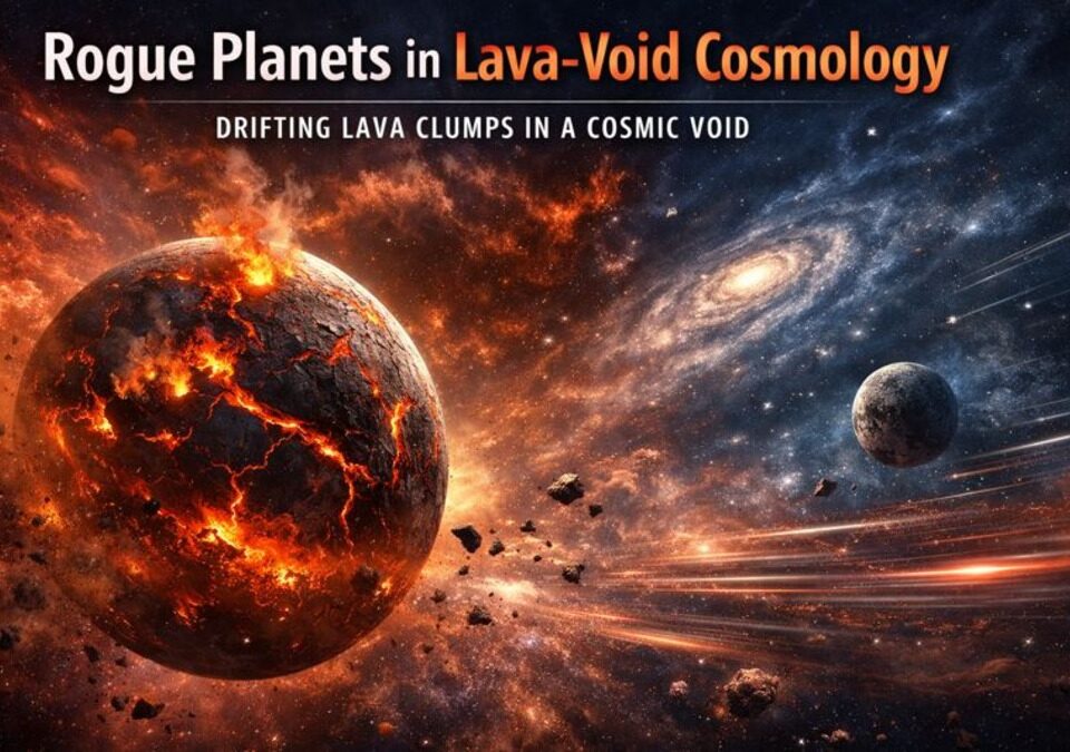 Illustration of a rogue planet as a dense lava world drifting through the low-density cosmic void in Lava-Void Cosmology