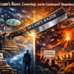 Illustration showing Occam’s razor dividing standard cosmology from Lava-Void Cosmology, symbolizing scientific gatekeeping and cosmological tensions.