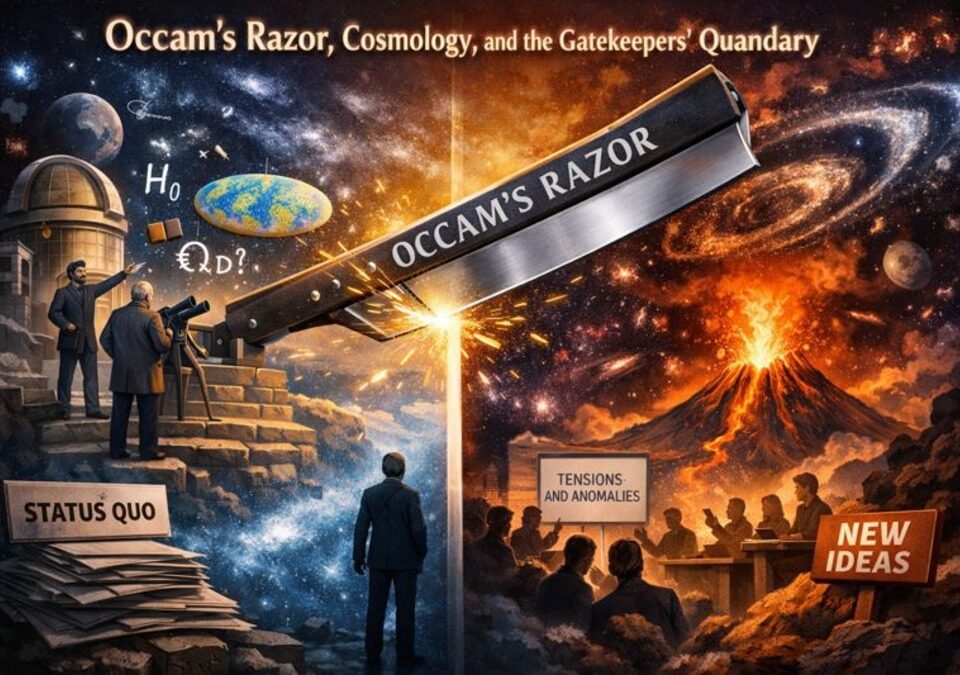 Illustration showing Occam’s razor dividing standard cosmology from Lava-Void Cosmology, symbolizing scientific gatekeeping and cosmological tensions.