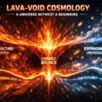 Illustration of Lava-Void Cosmology showing a contracting universe, a cosmic bounce, and an expanding universe without a Big Bang