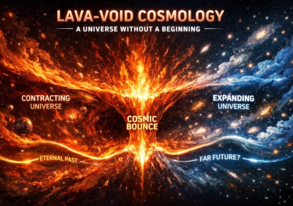 Illustration of Lava-Void Cosmology showing a contracting universe, a cosmic bounce, and an expanding universe without a Big Bang