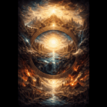 Symbolic cycle of civilization showing radiant golden city above and apocalyptic wasteland below within a circular cosmic frame