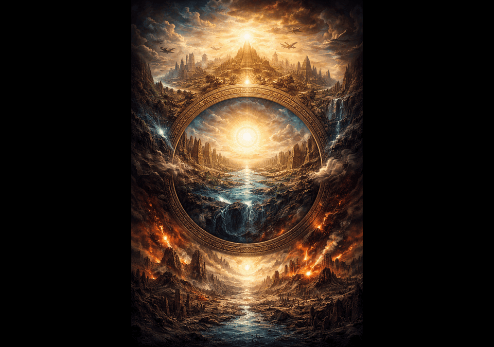 Symbolic cycle of civilization showing radiant golden city above and apocalyptic wasteland below within a circular cosmic frame