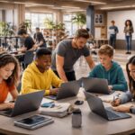 Students using AI-driven learning platforms in a modern classroom with mentor support