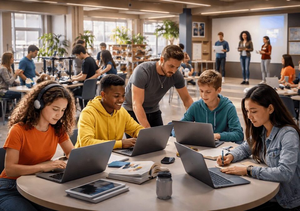Students using AI-driven learning platforms in a modern classroom with mentor support