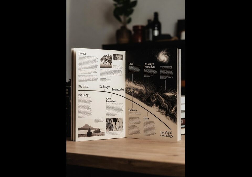 Open book showing timeline of physics history from ancient Greece to Lava-Void Cosmology, spanning Thales, Newton, Einstein, quantum mechanics, and modern cosmology