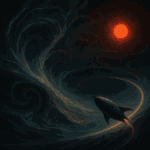 Spacecraft gliding through swirling void currents toward a red star in a fluid cosmic medium