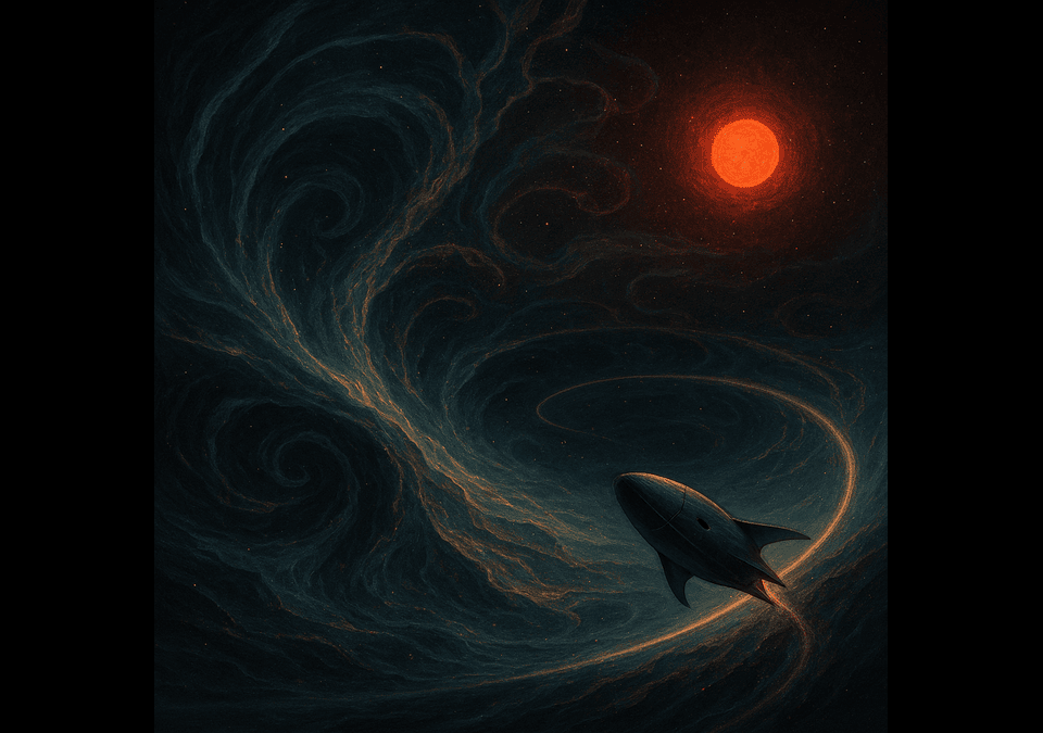 Spacecraft gliding through swirling void currents toward a red star in a fluid cosmic medium