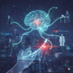 A digital glowing brain connecting to various professionals like doctors and office workers over a futuristic city skyline, representing AI integration in 2026.