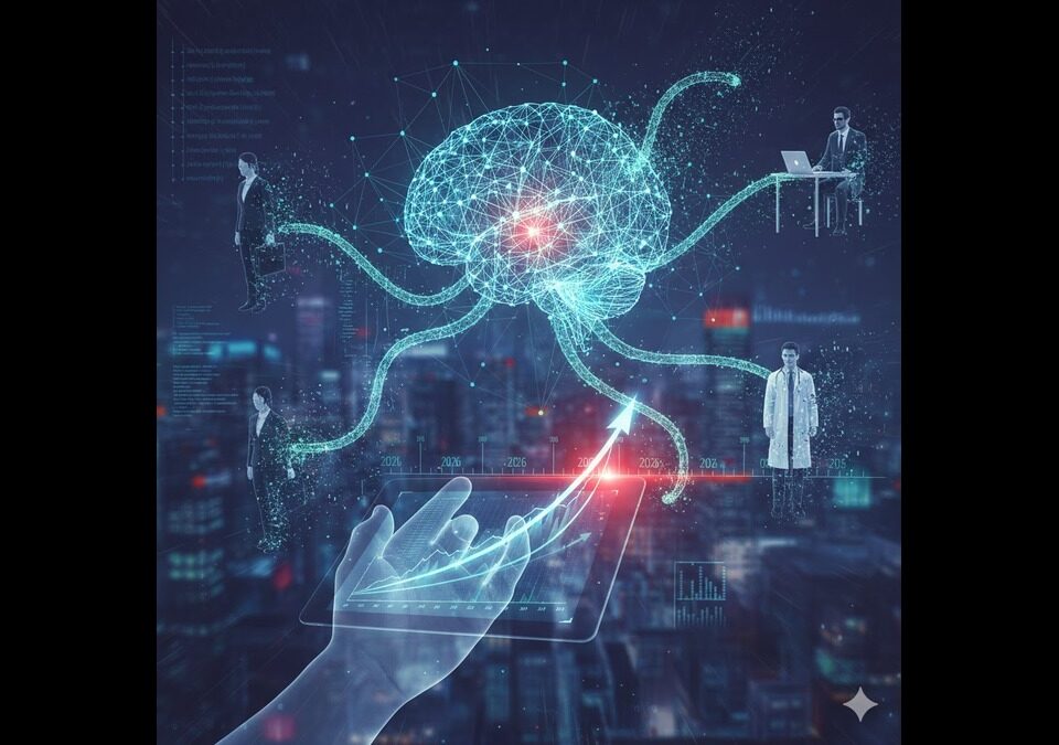 A digital glowing brain connecting to various professionals like doctors and office workers over a futuristic city skyline, representing AI integration in 2026.