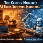 AI-driven industrial software production illustrating the Clopus Moment shift from handcrafted coding to automated development