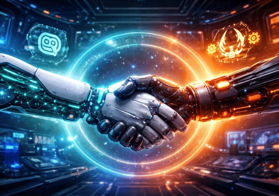 Futuristic robotic handshake symbolizing AI integration and autonomous agent collaboration