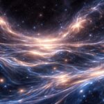 Abstract cosmic fluid concept showing the universe as flowing luminous waves of light and stars in a viscous space continuum