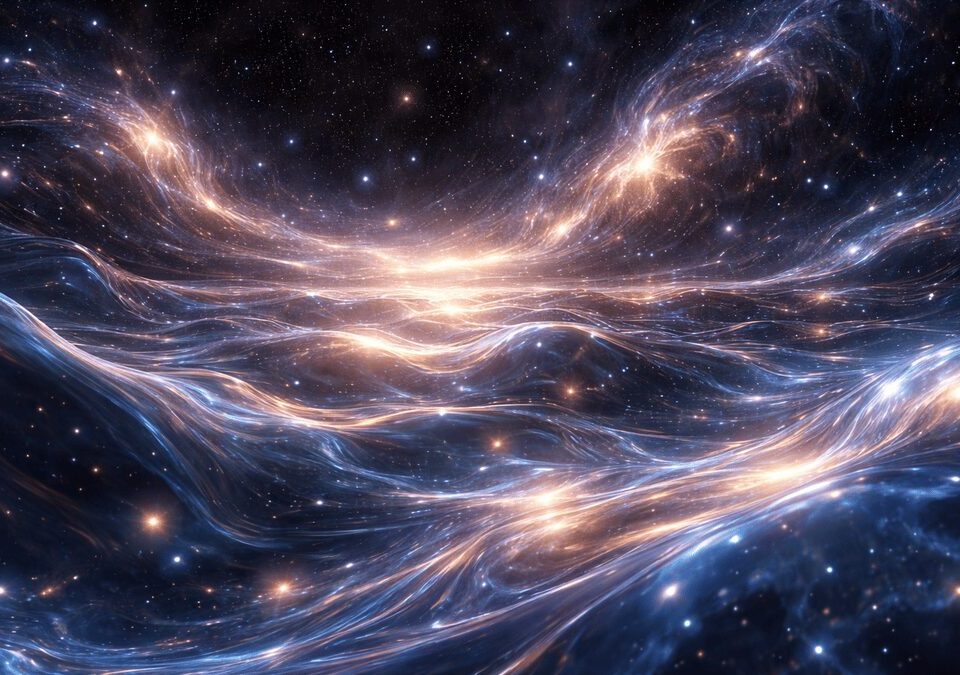 Abstract cosmic fluid concept showing the universe as flowing luminous waves of light and stars in a viscous space continuum