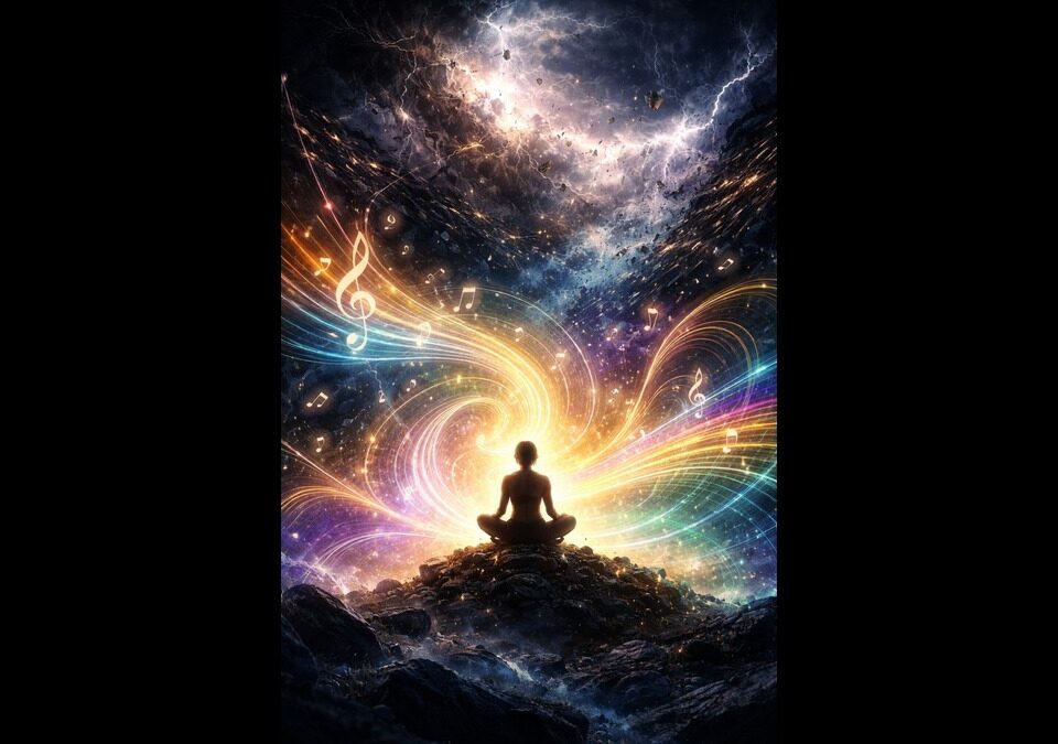 Music creating order from chaos through flowing sound and light