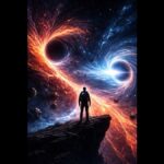 Abstract sci-fi cosmic scene showing entropy flows, wormholes, and a lone human observer