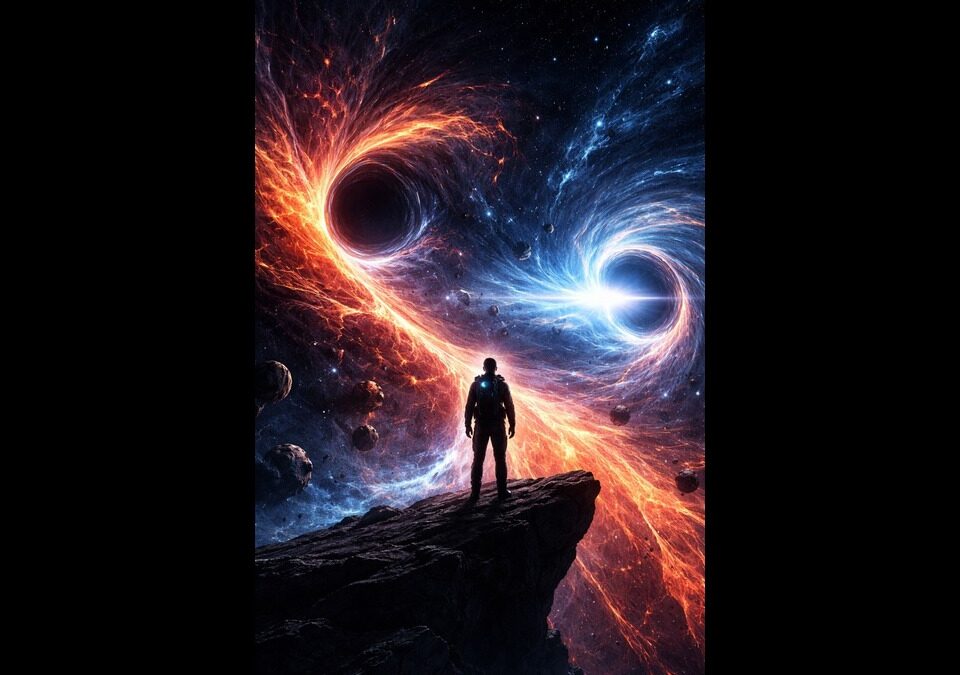 Abstract sci-fi cosmic scene showing entropy flows, wormholes, and a lone human observer