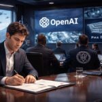 Conceptual image of AI contract signing in a Pentagon briefing room with defense officials and advanced surveillance displays.