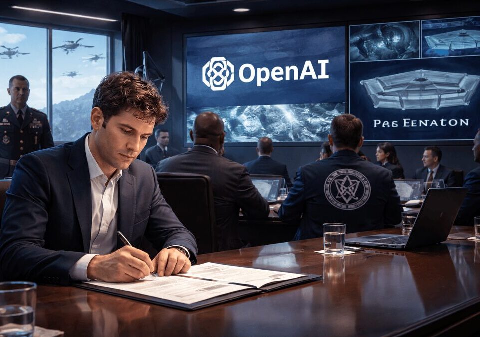 Conceptual image of AI contract signing in a Pentagon briefing room with defense officials and advanced surveillance displays.