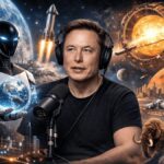 Elon Musk discussing AI singularity as robots, Mars colonization, and advanced space energy systems symbolize a future driven by artificial intelligence.
