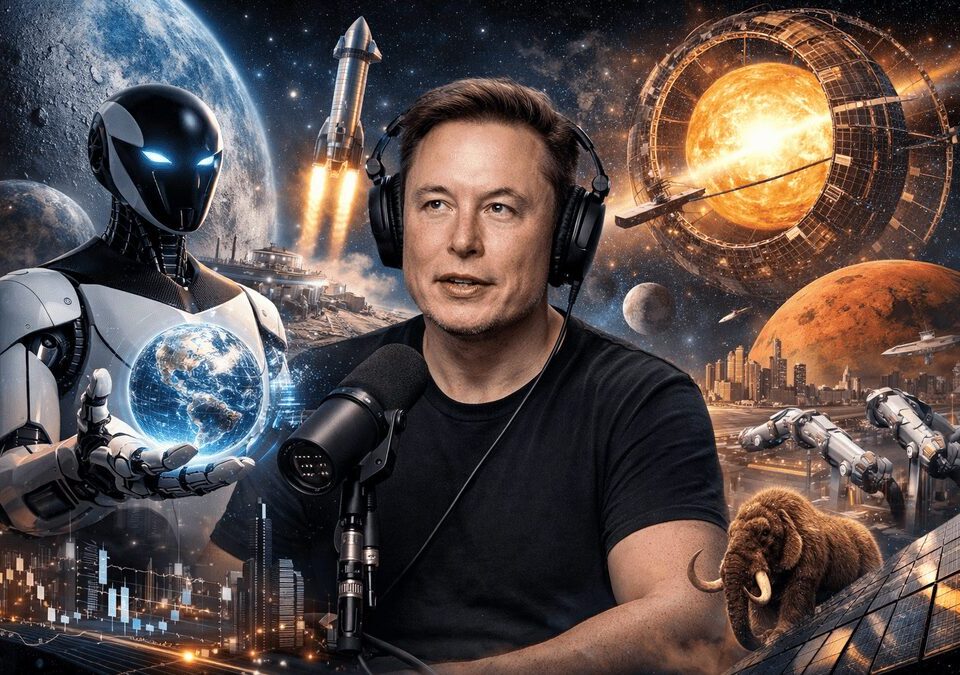Elon Musk discussing AI singularity as robots, Mars colonization, and advanced space energy systems symbolize a future driven by artificial intelligence.
