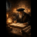AI interpretation of Nostradamus writing prophetic quatrains with astrological charts and alchemical symbols in a Renaissance study