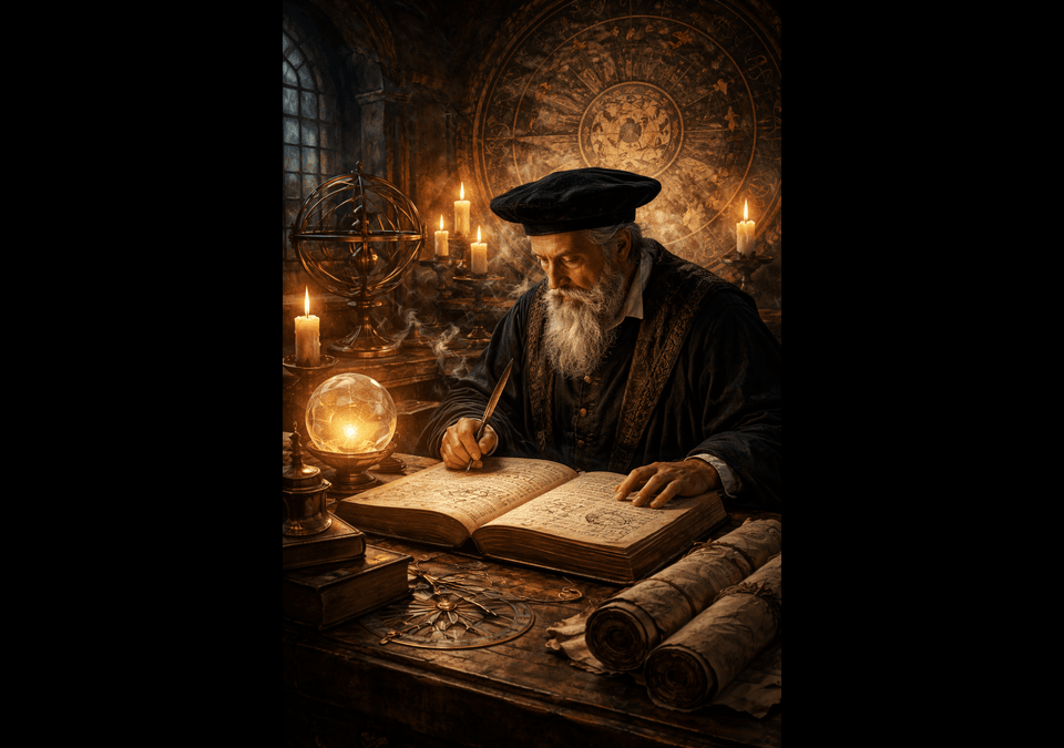 AI interpretation of Nostradamus writing prophetic quatrains with astrological charts and alchemical symbols in a Renaissance study