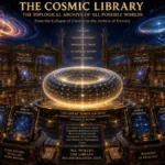 A vast cosmic library in deep space featuring a glowing toroidal archive surrounded by celestial books, representing preserved information and topological records of the universe.
