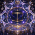 A cosmic geometric scene with a luminous cuboid inside a symmetrical cosmic lattice