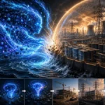 Conceptual illustration of recursive AI self-improvement colliding with the physical limits of data centers, power grids, and computing infrastructure, symbolizing entropy versus geometry.