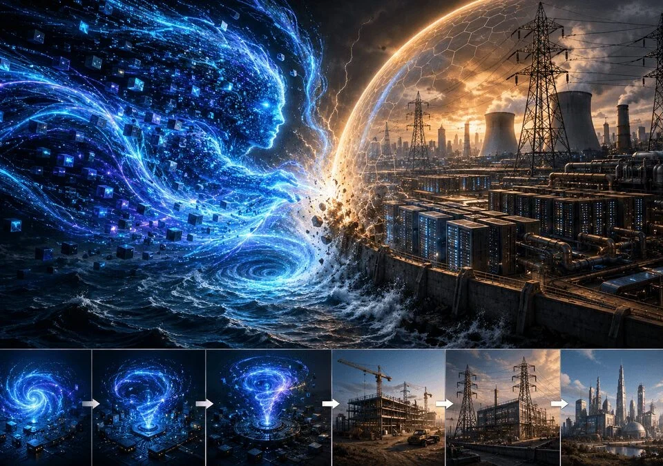 Conceptual illustration of recursive AI self-improvement colliding with the physical limits of data centers, power grids, and computing infrastructure, symbolizing entropy versus geometry.