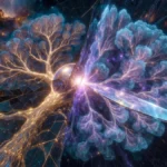 GR-Razor blade slicing chaotic infinite Many-Worlds quantum branches, contrasting with finite geometric generational branching tree from Cosmological Pangaea primordial seed in deep space