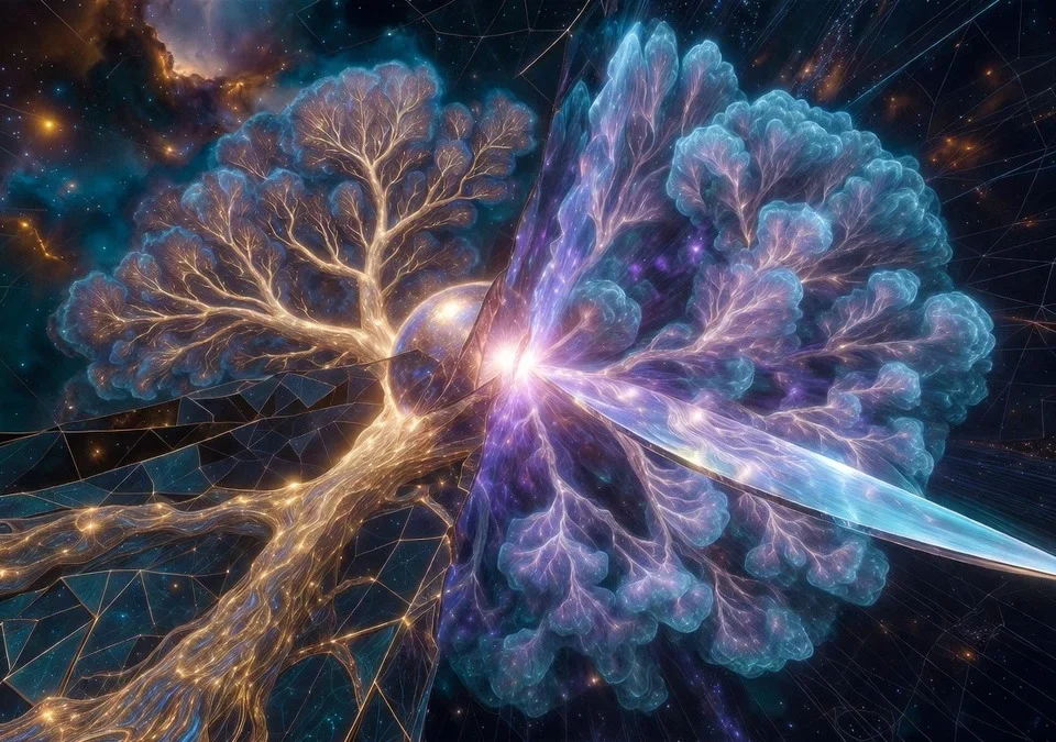 GR-Razor blade slicing chaotic infinite Many-Worlds quantum branches, contrasting with finite geometric generational branching tree from Cosmological Pangaea primordial seed in deep space