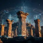 Ancient megalithic pillars of Göbekli Tepe glowing with cosmic energy lines and astronomical alignments, representing Persistence Theory's recovery boot sectors for surviving civilizational resets.
